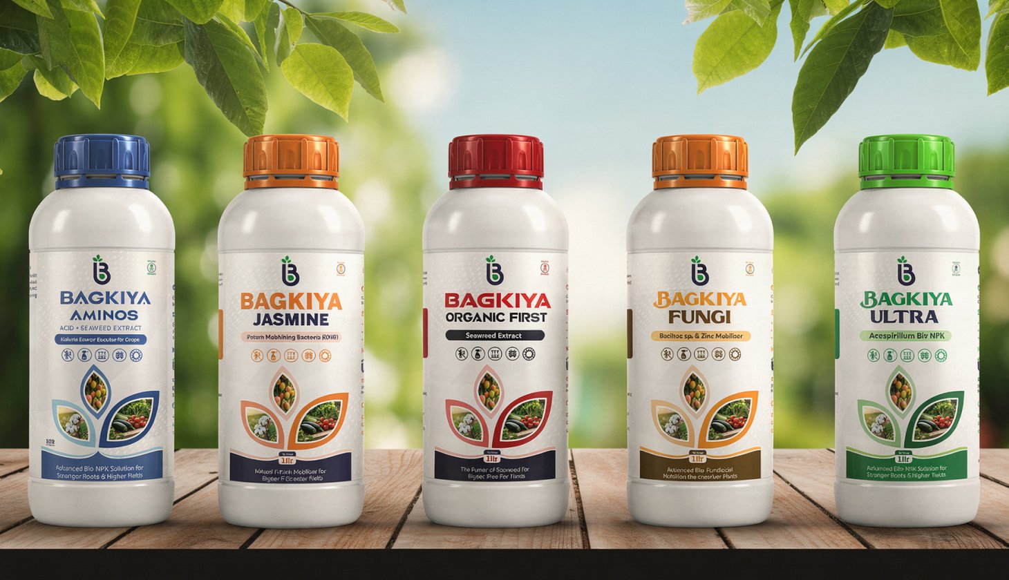 Bagkiya Bio organic product bottles displayed with natural ingredients branding