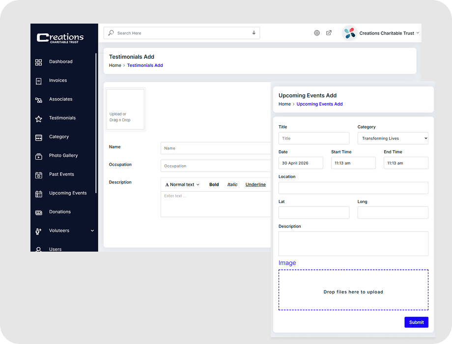 Centralized dashboard for managing events, donations, and volunteers