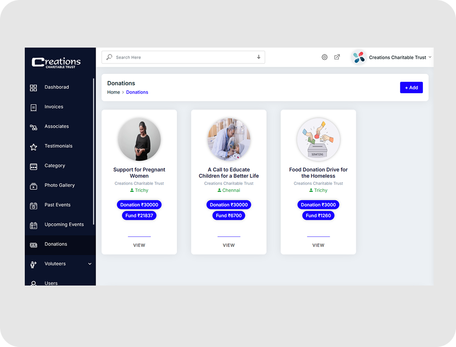 Donation management system with billing and payment tracking interface