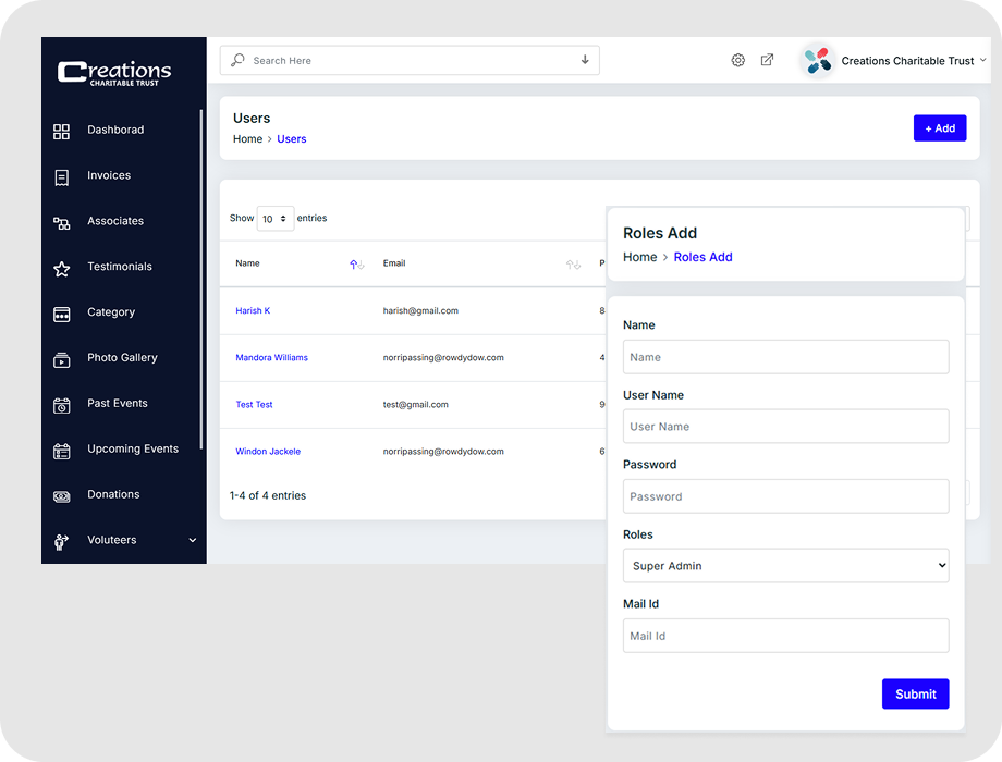 User management dashboard for admin roles and access control