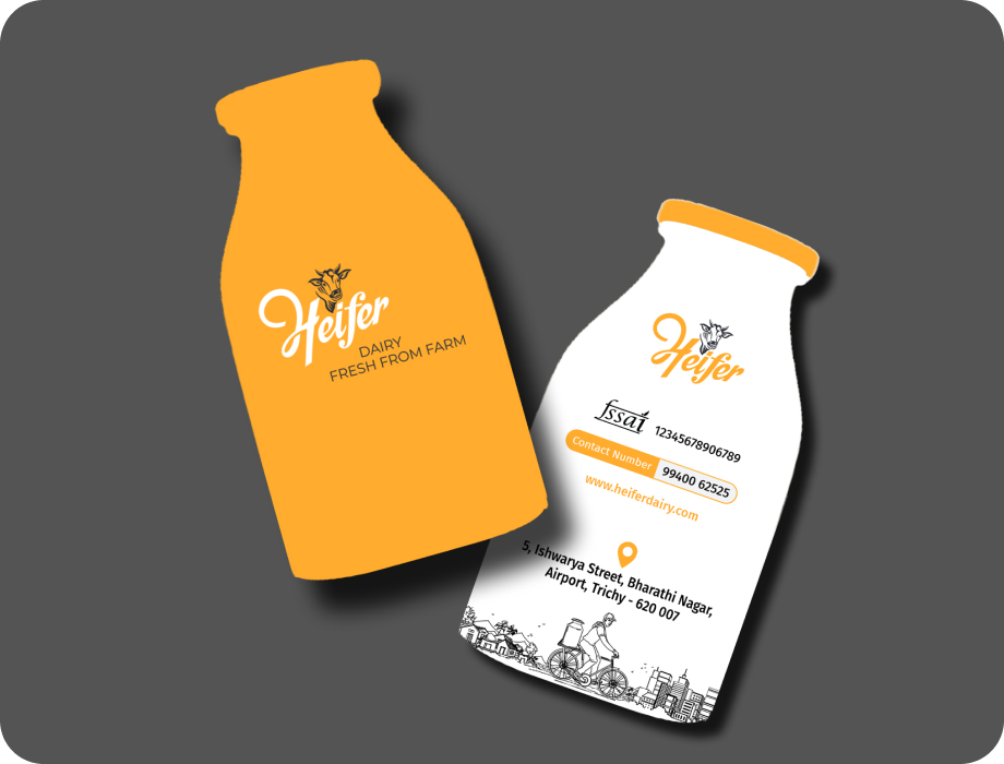Custom business cards designed in milk bottle shape reflecting brand identity