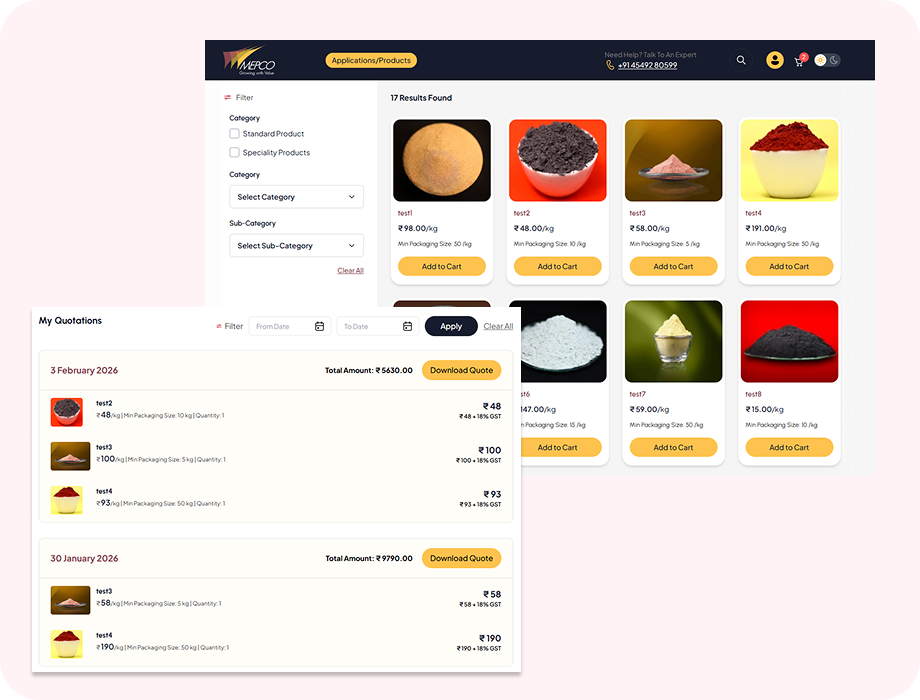 Dealer portal showing product listings and order management interface