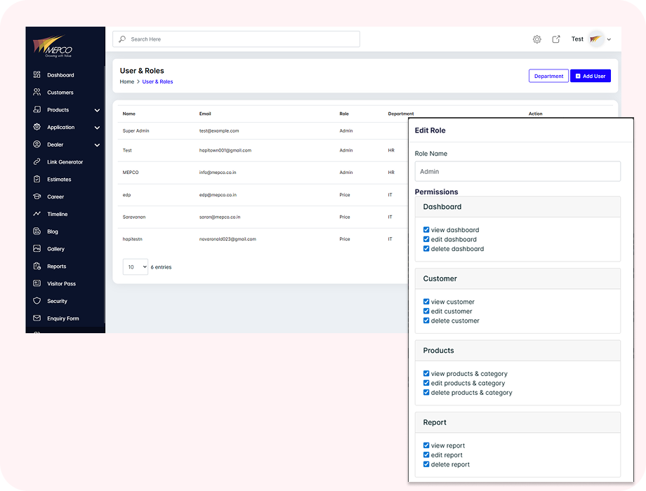 User role and permission management dashboard