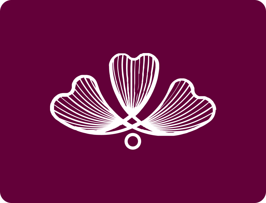 Minimal symmetrical icon resembling traditional ornament or textile-inspired emblem on maroon background