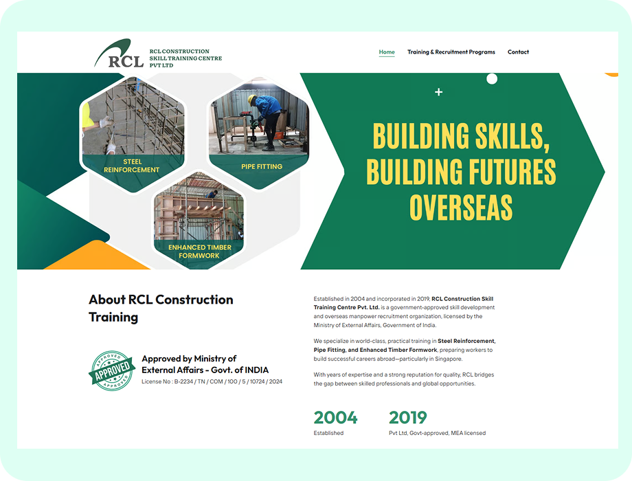 Structured website layout design for training institute with clear content sections